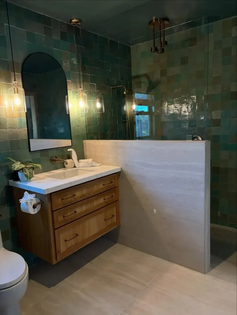 Bathroom with green zellige tile after cleaning